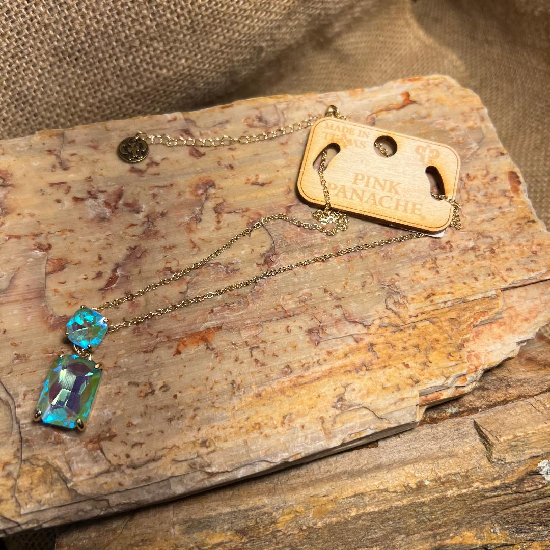 Rectangle and Square Blueish Green AB Rhinestone Gold Chain Necklace