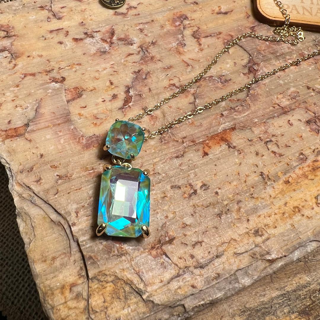 Rectangle and Square Blueish Green AB Rhinestone Gold Chain Necklace