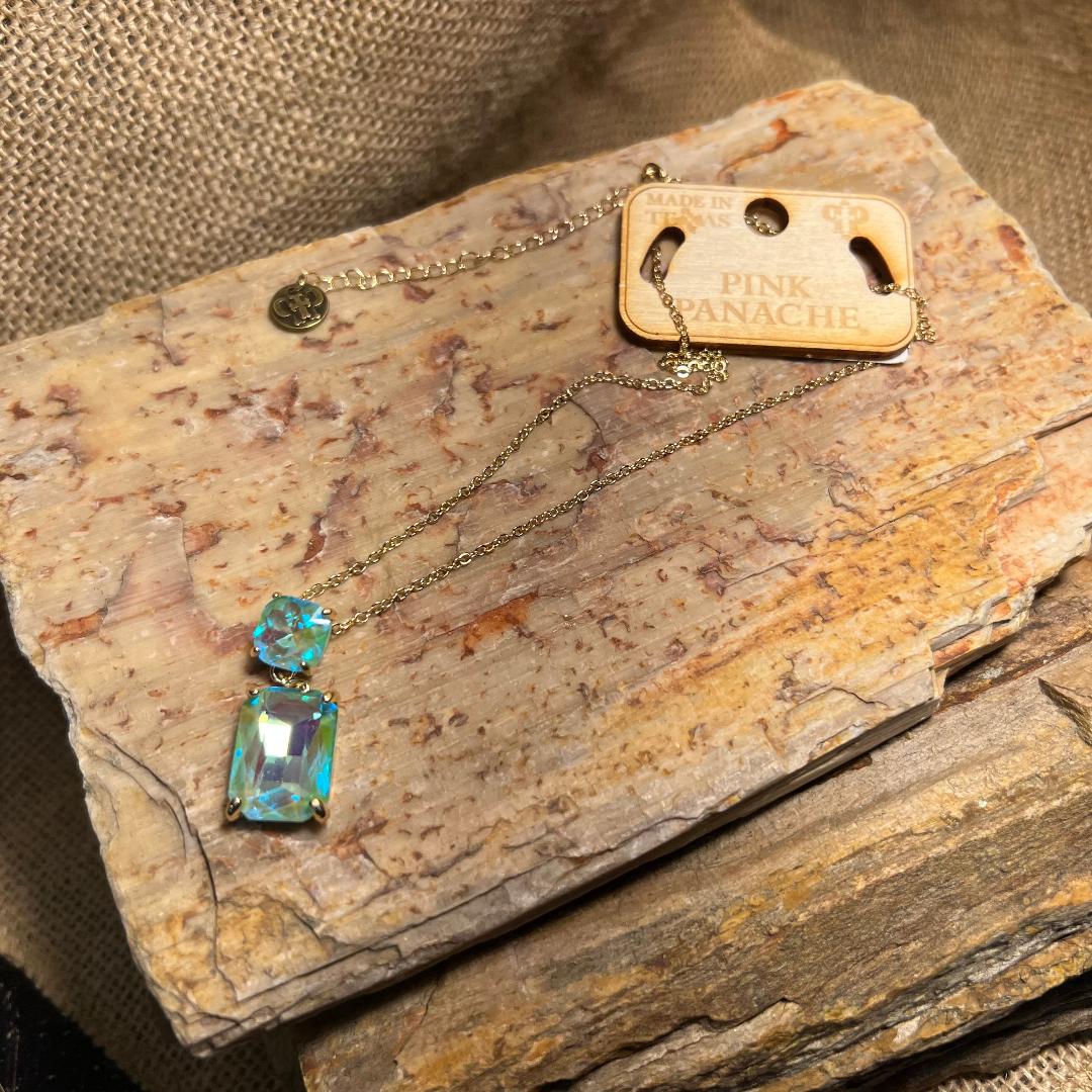 Rectangle and Square Blueish Green AB Rhinestone Gold Chain Necklace
