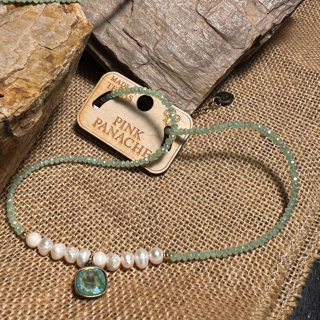 Seafoam & White Pearl Bead Necklace