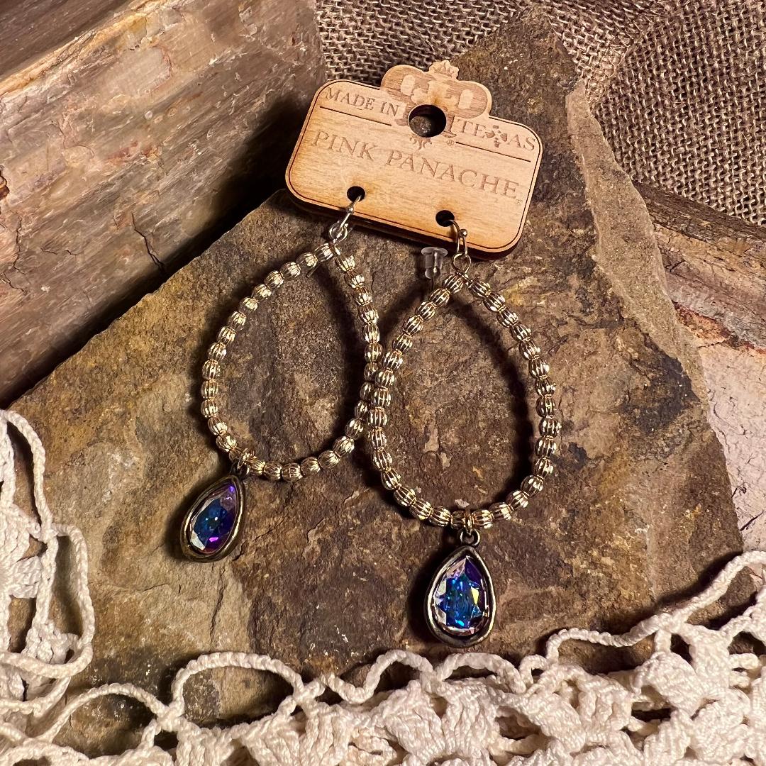 Chain Link and Gold Bead AB Teardrop Earrings