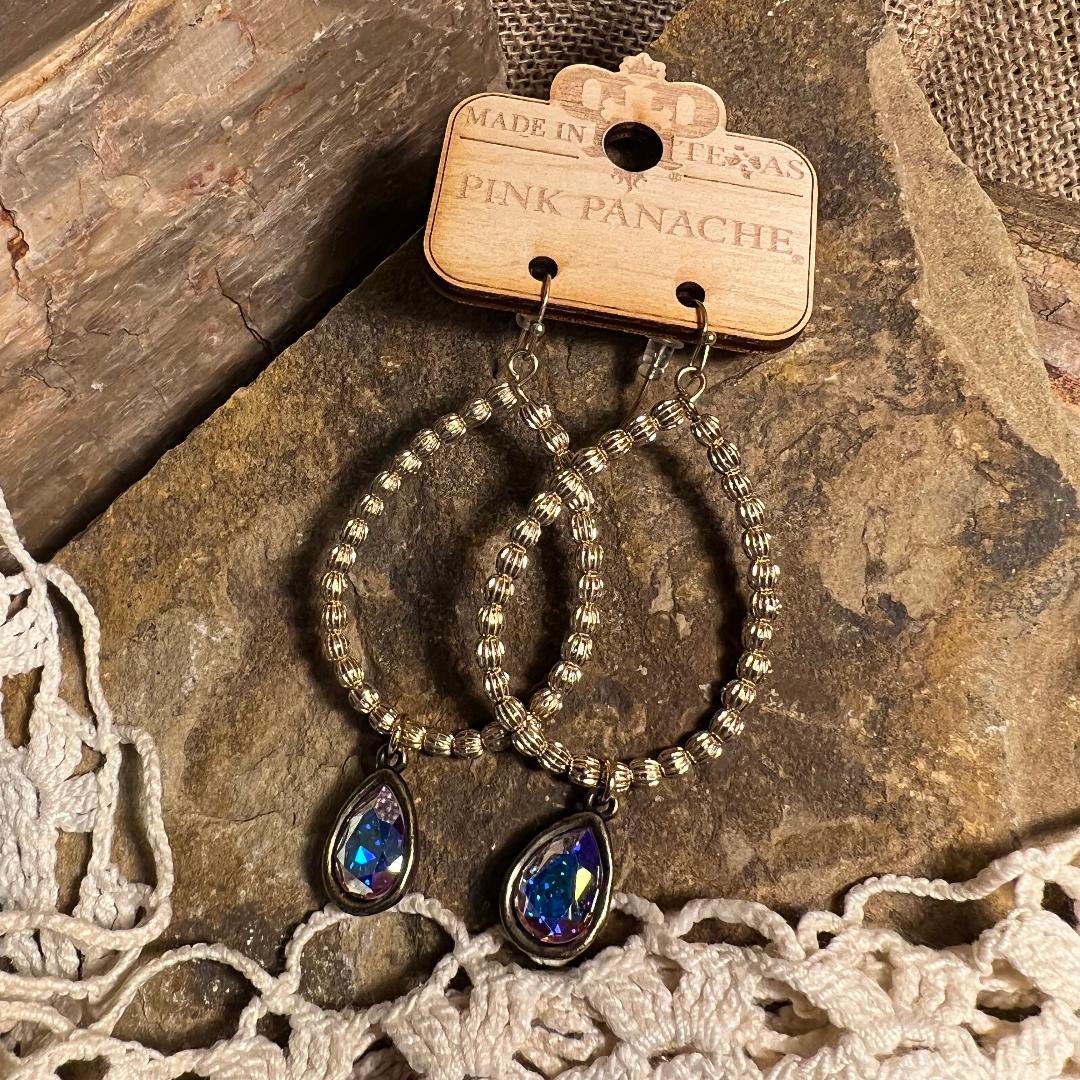 Chain Link and Gold Bead AB Teardrop Earrings