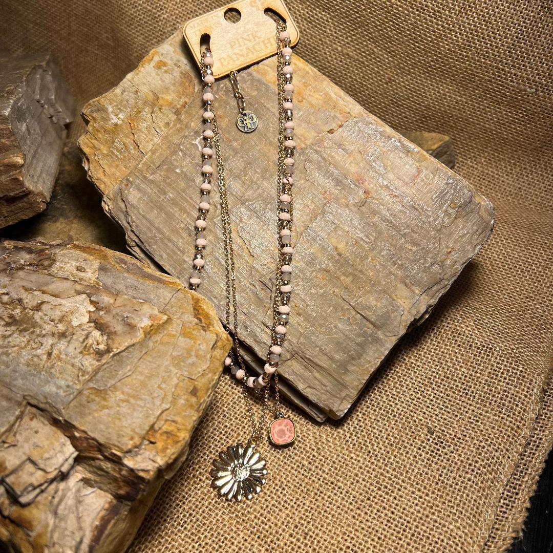 Blush Pink and Gold Bead Multi Layered Chain Necklace