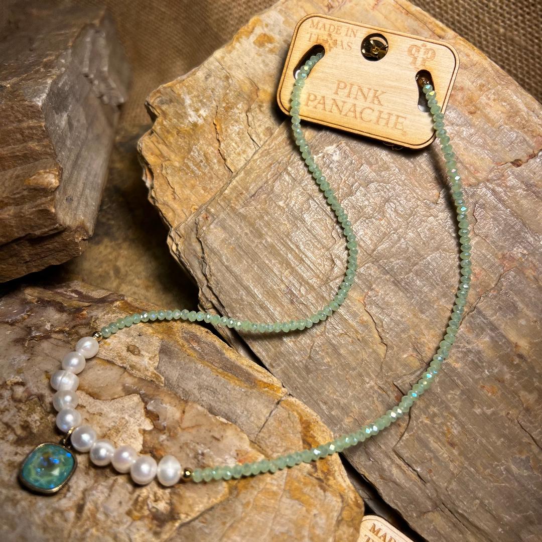 Seafoam & White Pearl Bead Necklace