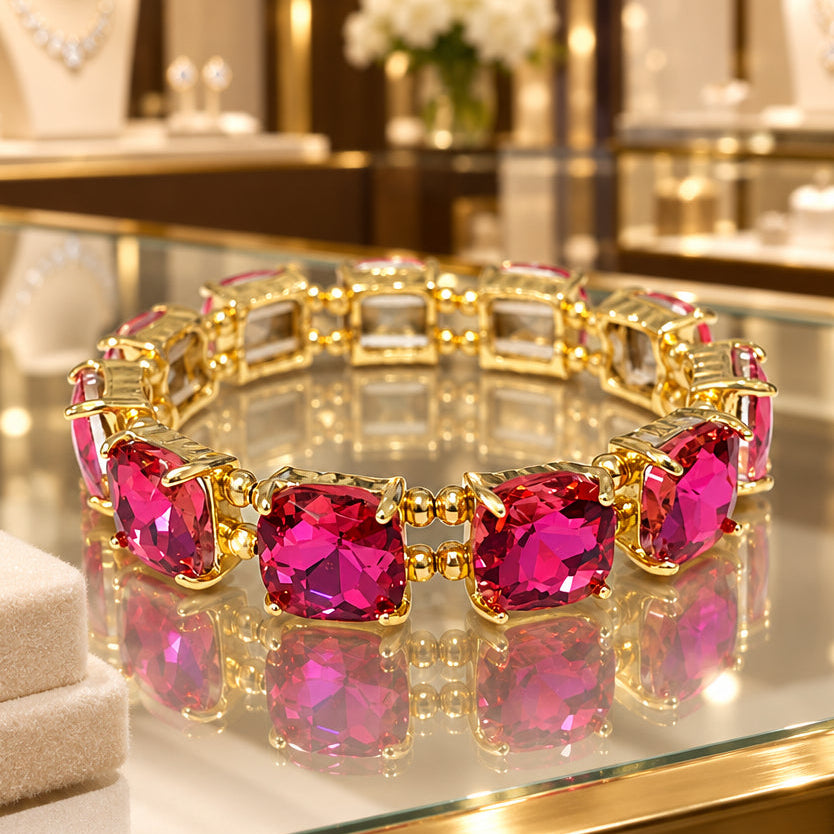 Hot Pink Crystal Square and Gold Stretch Bracelet