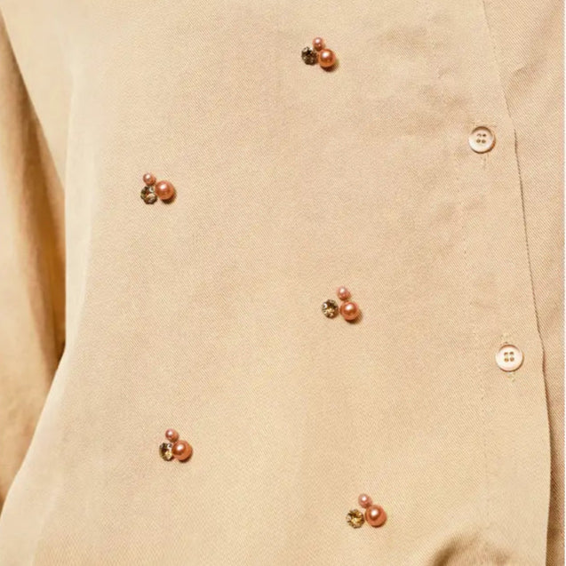 Hi-Low Pearl Embellished Chambray Top