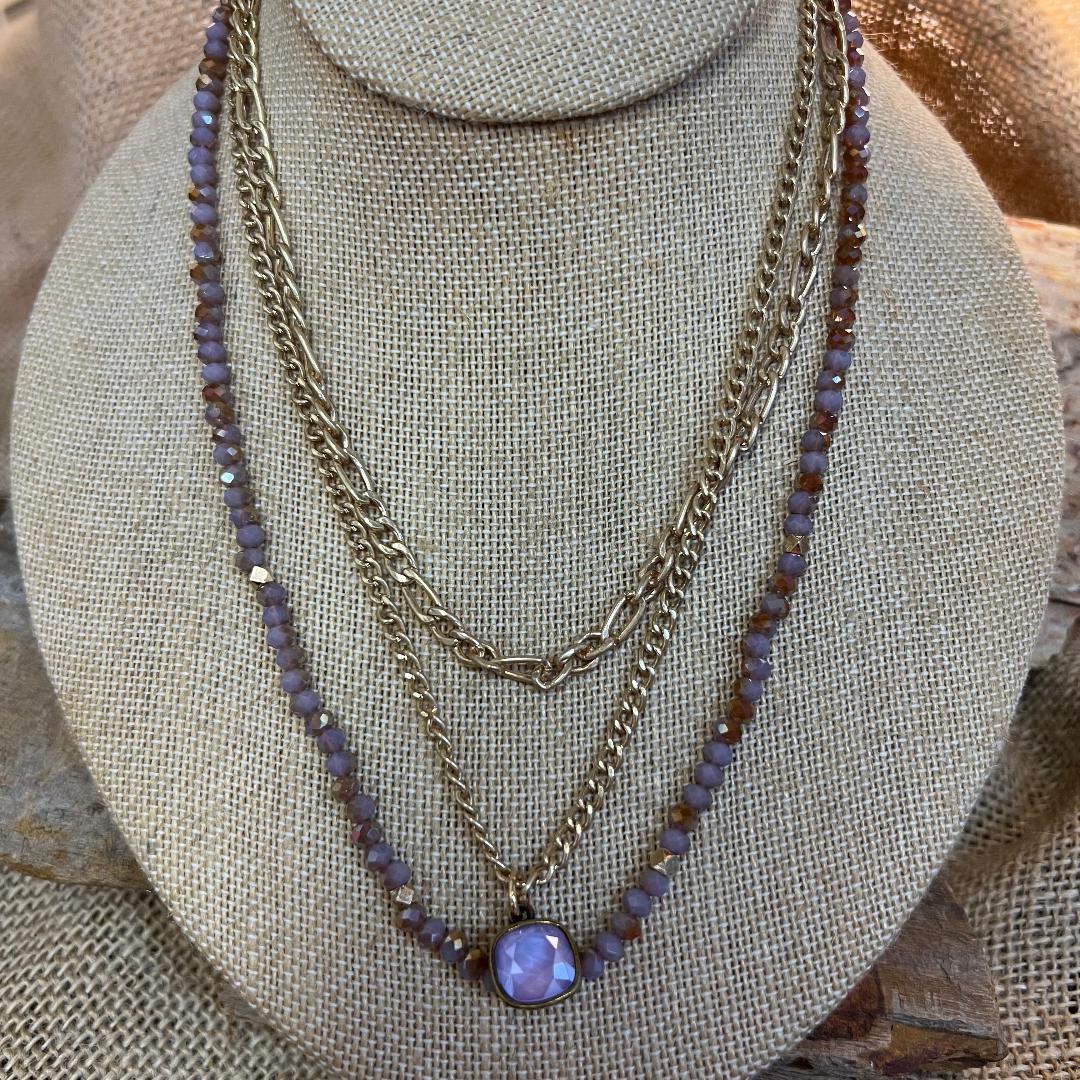 Gold Chain & Lavender Stone Triple Necklace