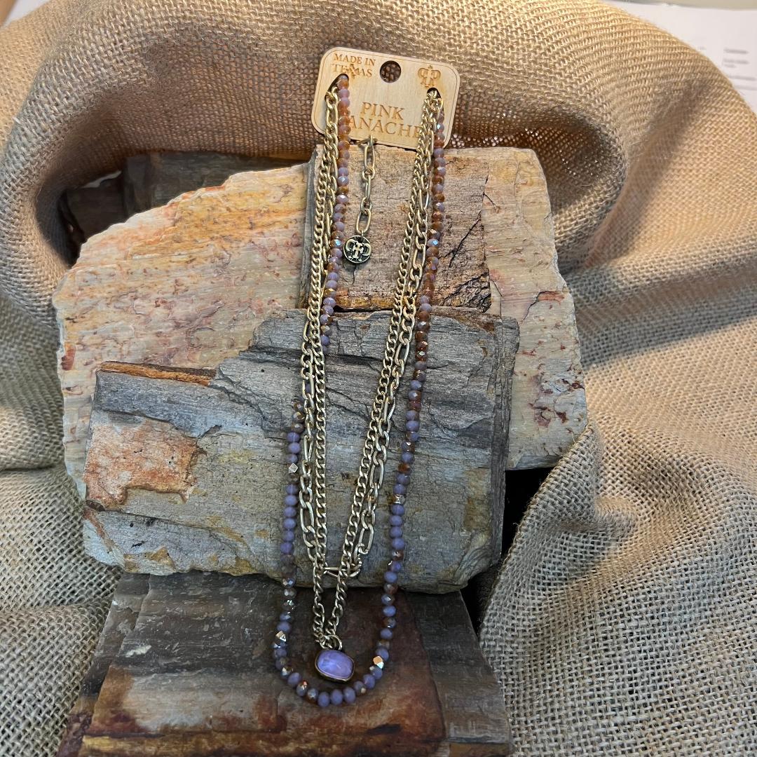 Gold Chain & Lavender Stone Triple Necklace