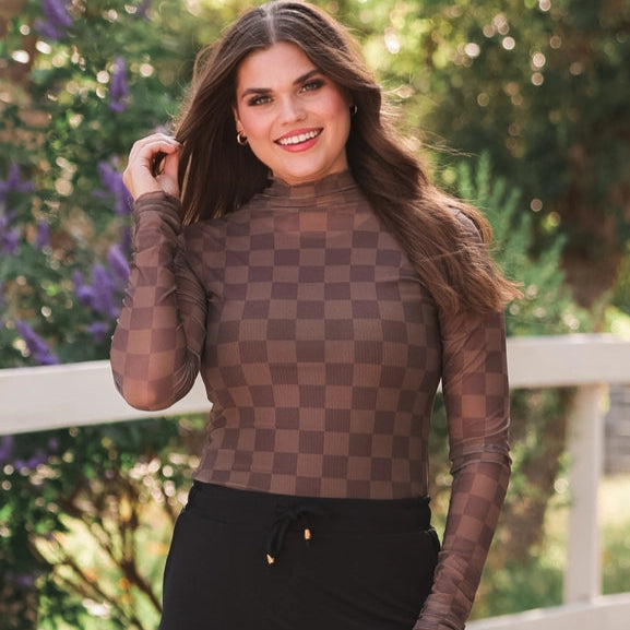 Keigan Chocolate Checkered Mesh Long Sleeve Top