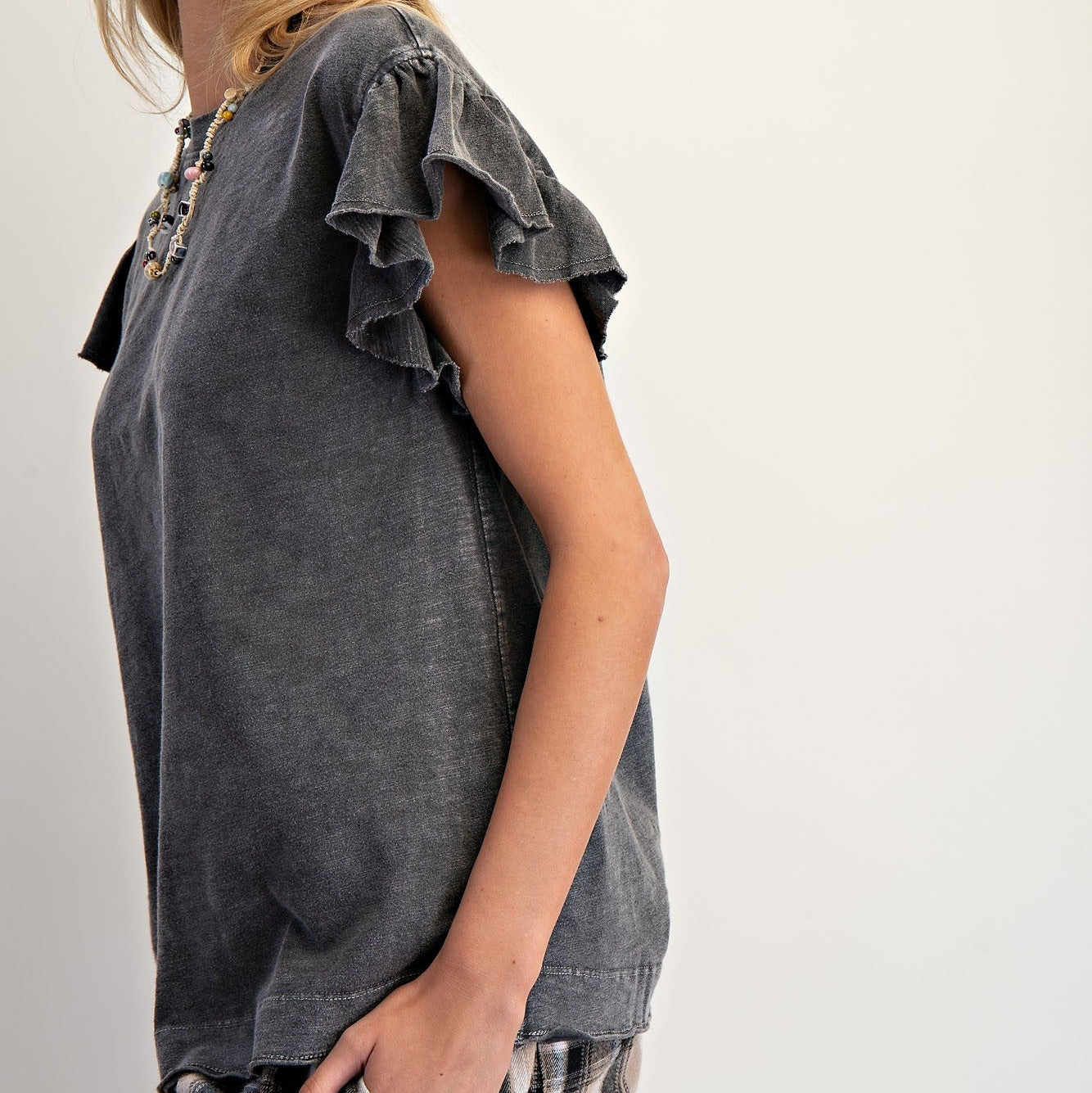 Wing Sleeves Cotton Slub Mineral Washed Knit Top
