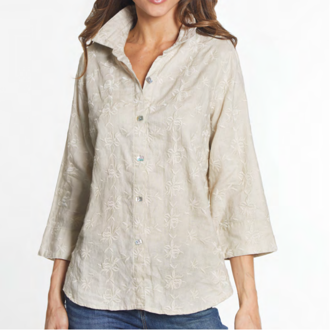 All Over Embroidered Wire Collar 3/4 Sleeve Button Front Top by John Mark