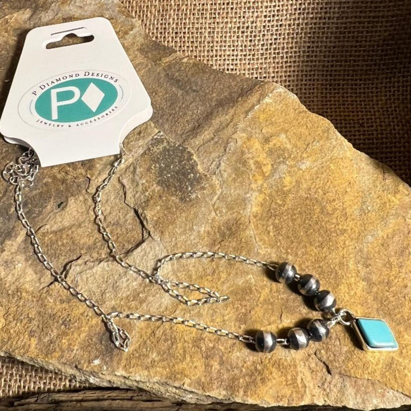 Navajo Pearl with Turquoise Diamond Drop 14-inch Chain Necklace
