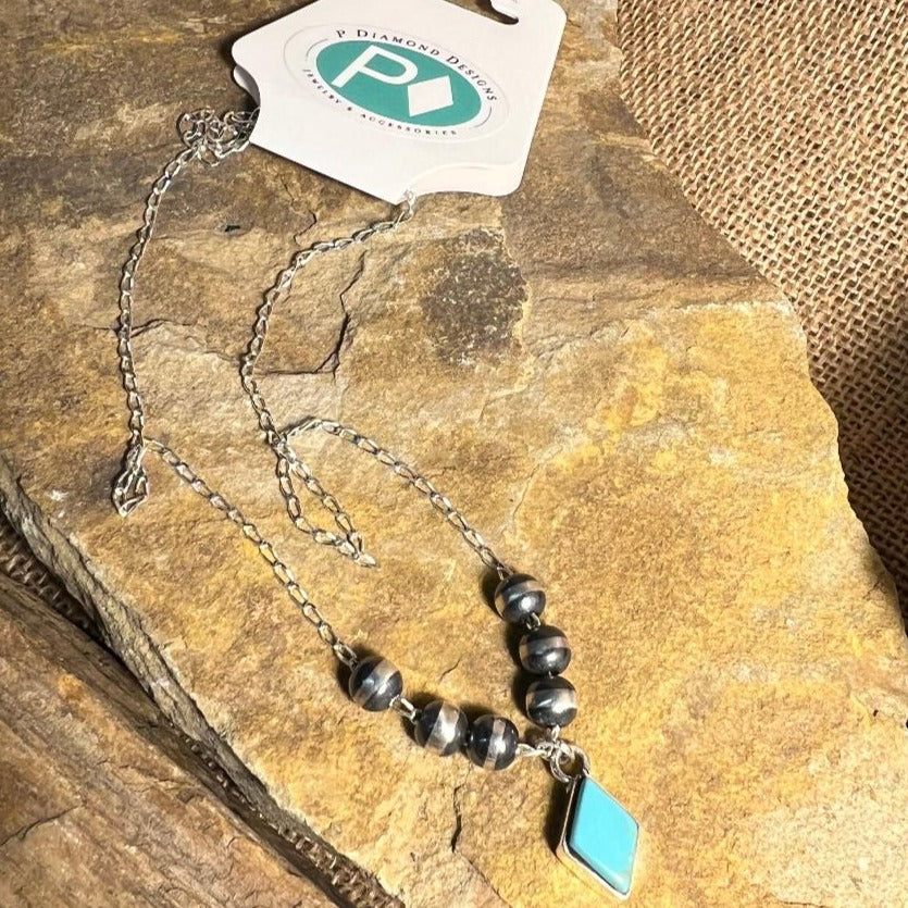 Navajo Pearl with Turquoise Diamond Drop 14-inch Chain Necklace