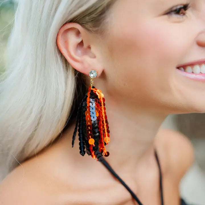 Orange and Black Sequin Tassel Earrings