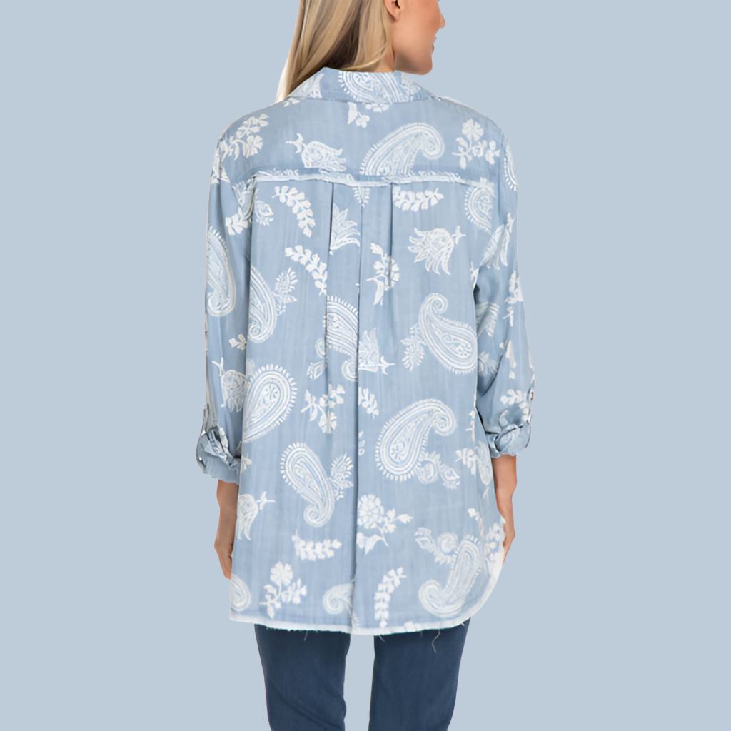 Rolled Tab Long Sleeved Button Up Fringe Edge Top