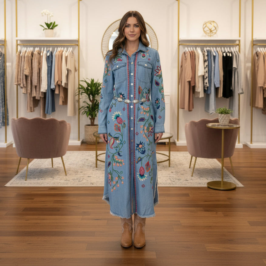 John Mark J36882DM Denim Woven Denim Button Front 3/4 Sly Dress w/Embroidery (L)