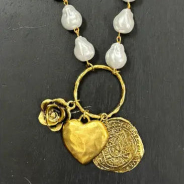 Mother of Pearl Necklace with Antique Gold Pendants