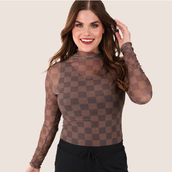 Keigan Chocolate Checkered Mesh Long Sleeve Top