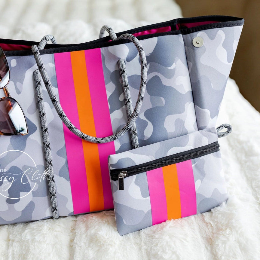 Grey Camo w/ Pink Orange Stripe Beach Bag