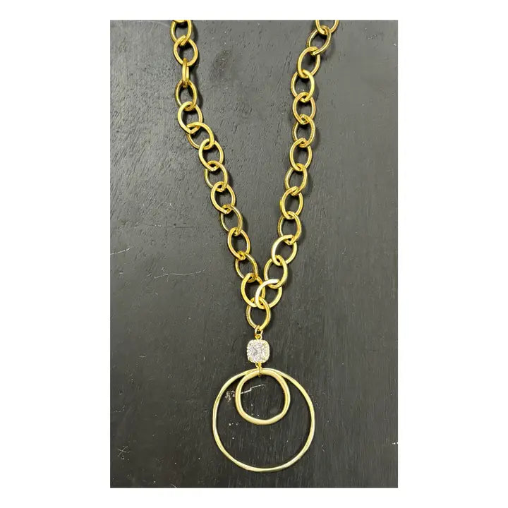 Gold Plated Chain Link and Swarovski Crystal Round Pendant Necklace