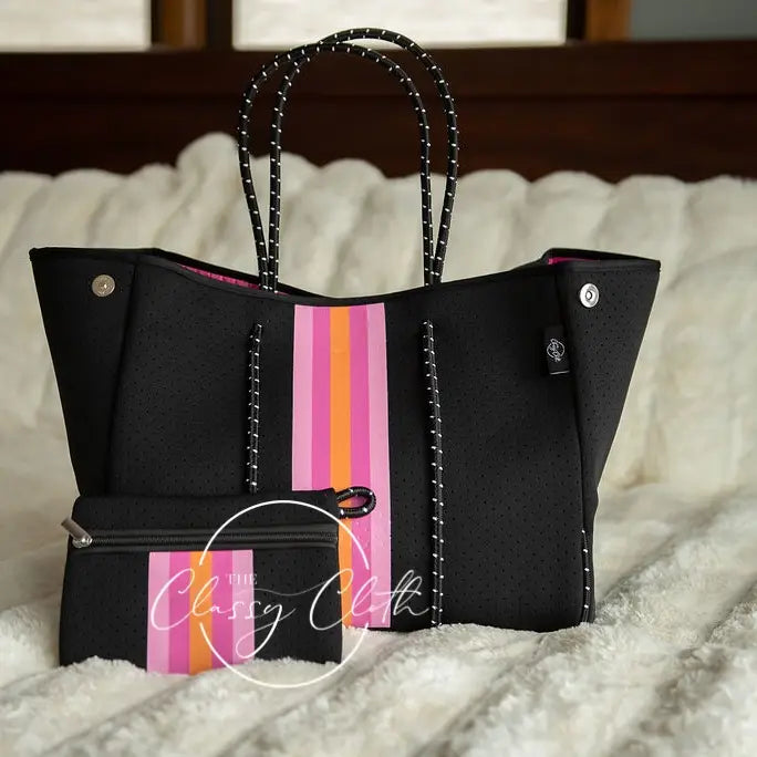 Black with Hot Pink & Orange Stripe Beach Bag
