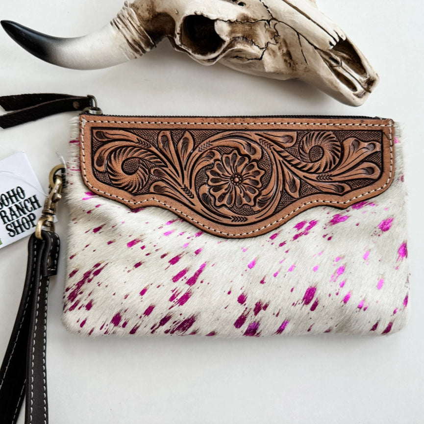 Western Hair on Cowhide White & Pink Acid Wash Specs Wristlet