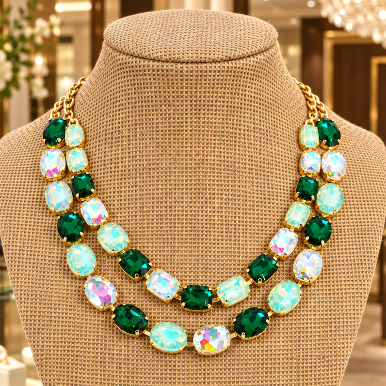 Green Layered Round Crystal Necklace