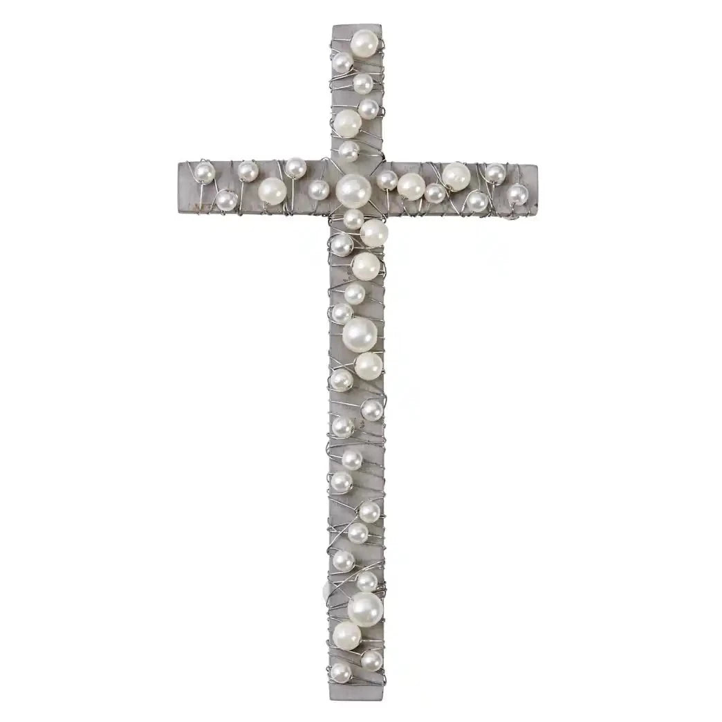 Wire Pearl Wrapped Wood Cross Various Colors
