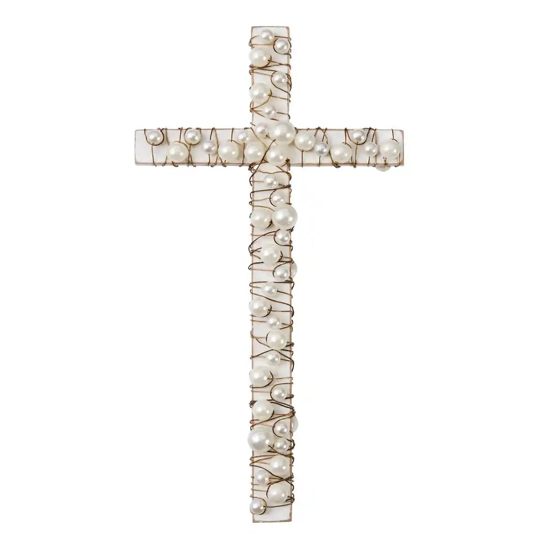 Wire Pearl Wrapped Wood Cross Various Colors