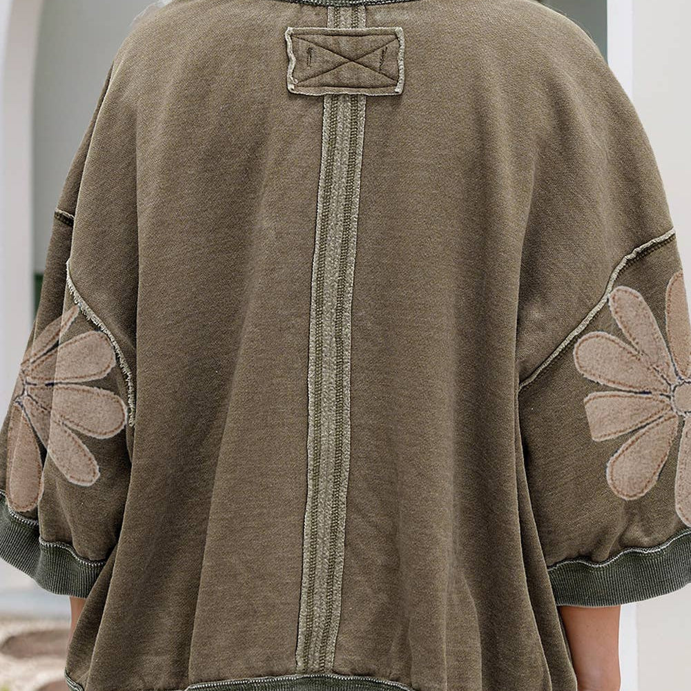 Raw Seam Patchwork Flower Patched 3/4 Sleeve Loose Top