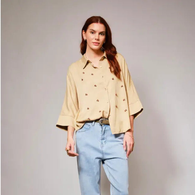 Hi-Low Pearl Embellished Chambray Top