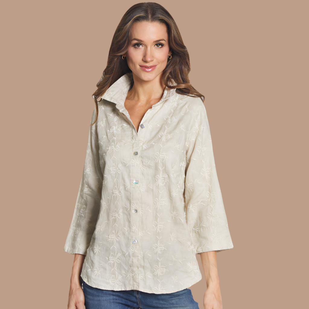 All Over Embroidered Wire Collar 3/4 Sleeve Button Front Top by John Mark