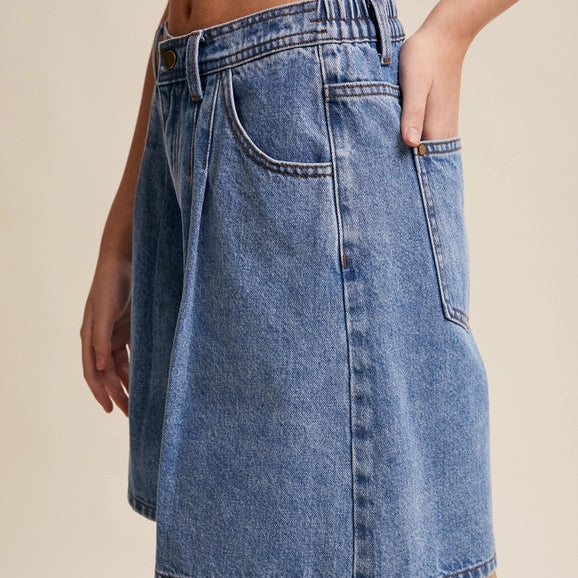 Pleated High Rise Denim Shorts