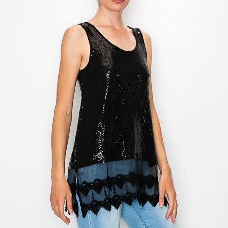 Black Sparkly Tank Top W/ Lace Layer