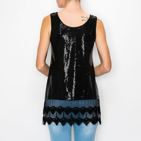 Black Sparkly Tank Top W/ Lace Layer