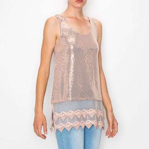 Mauve Sparkly Tank Top W/ Lace Layer