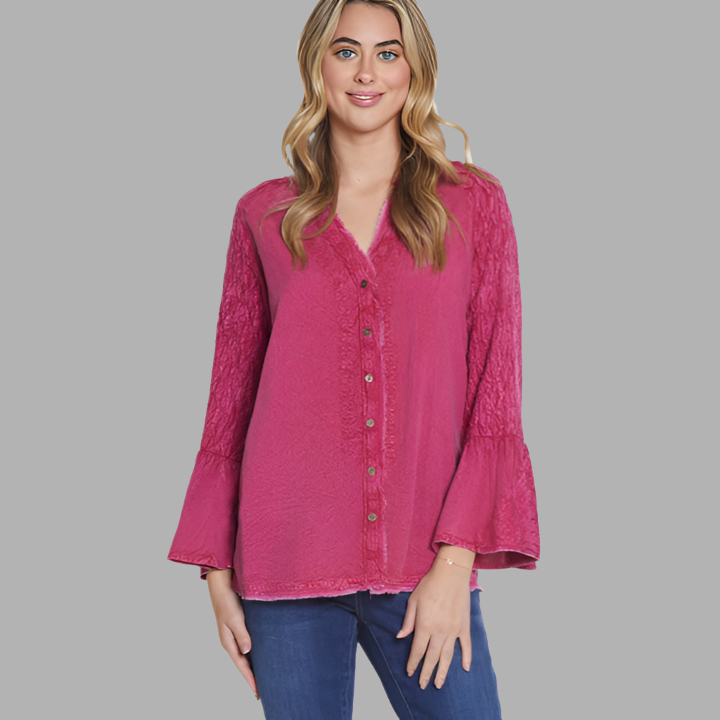 Button Front Top with Embroidery & Smocking Sleeves
