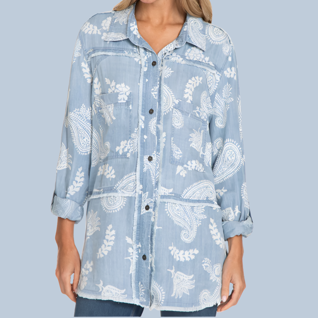 Rolled Tab Long Sleeved Button Up Fringe Edge Top