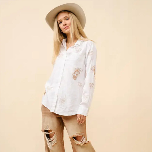 Western Embroidered Linen Blouse