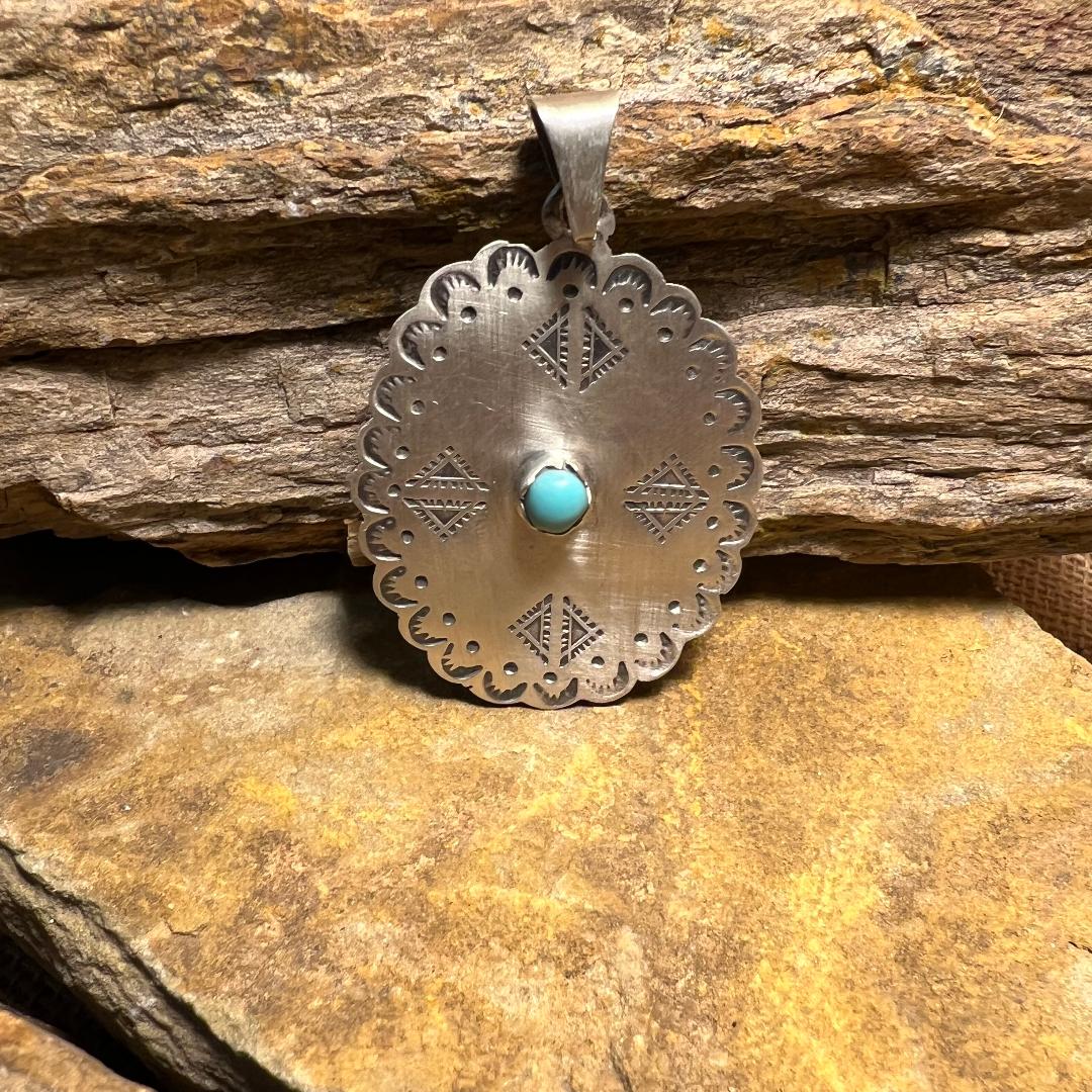 Matte Finished Santa Fe Oval with Center Turquoise Stone Pendant