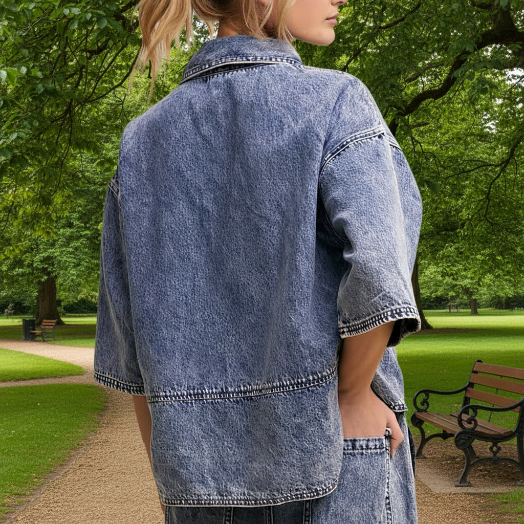 Denim Collared Oversized Short Sleeved Top