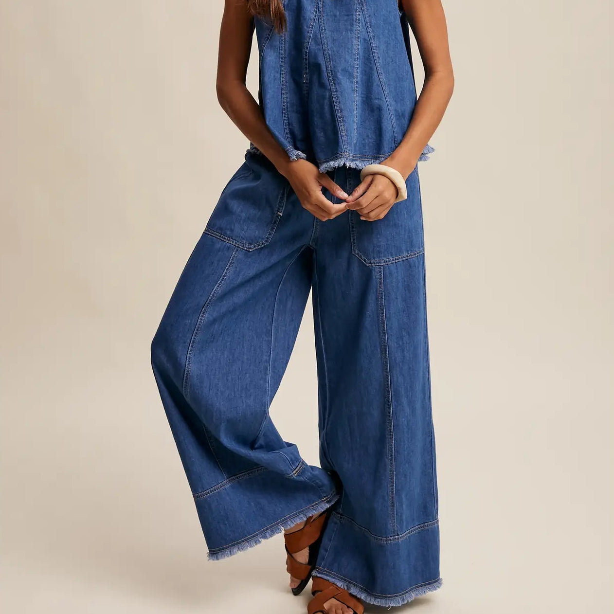 Washed Denim Tank And Wide Leg Pant Set