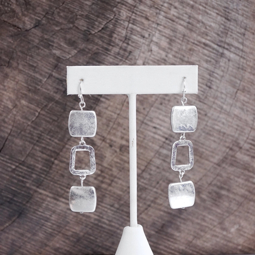 Boho Square Dangle Worn Silver Earrings