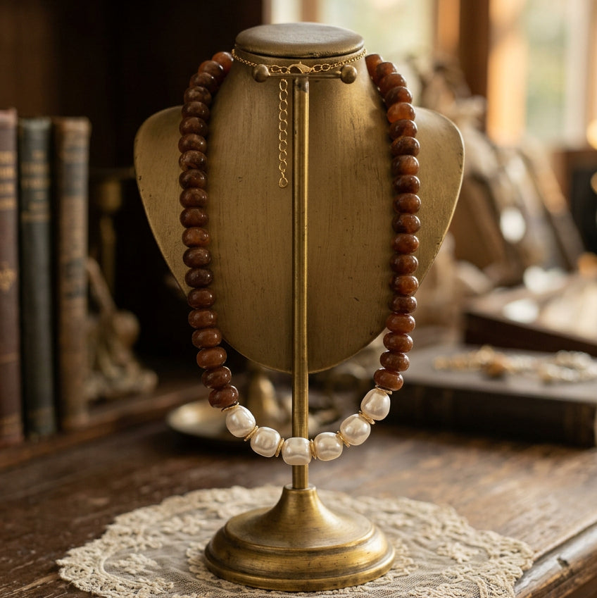 Brynlee Chunky Beaded Necklace with Pearl Accents - Brown