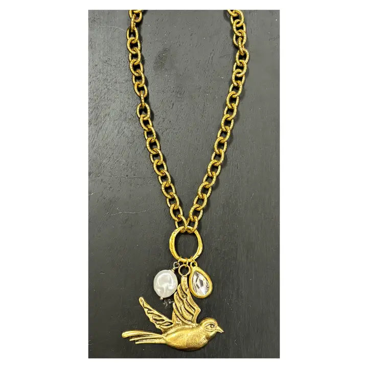 Mother of Pearl, Gold Plated Bird and Swarovski Crystal Necklace