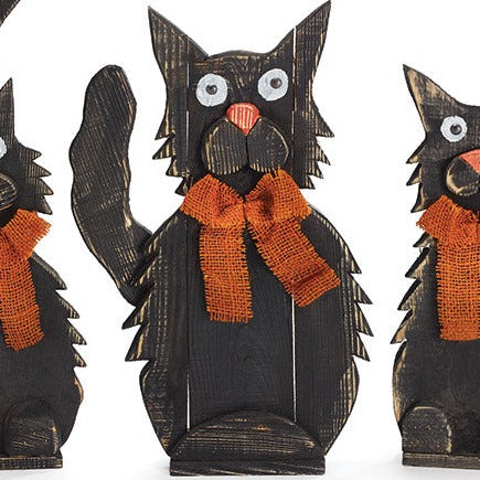 Primitive Black Wood Large Cat with Orange Bow