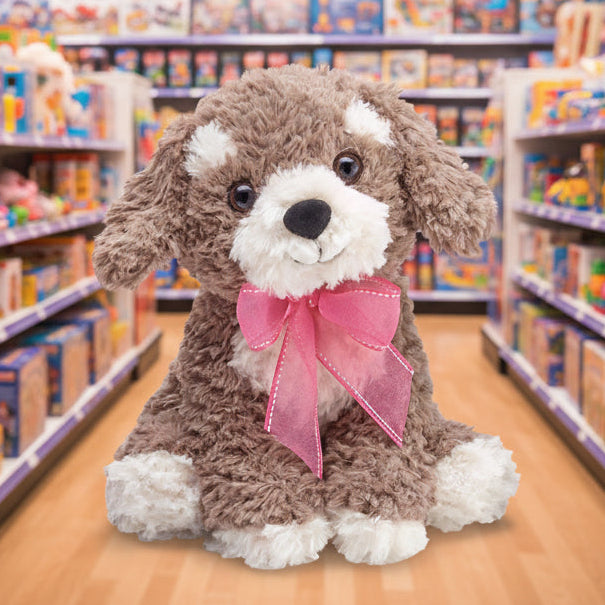 PLUSH CURLY FUR PUPPY WITH PINK BOW