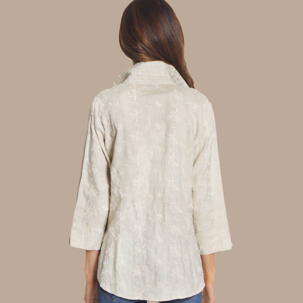All Over Embroidered Wire Collar 3/4 Sleeve Button Front Top by John Mark