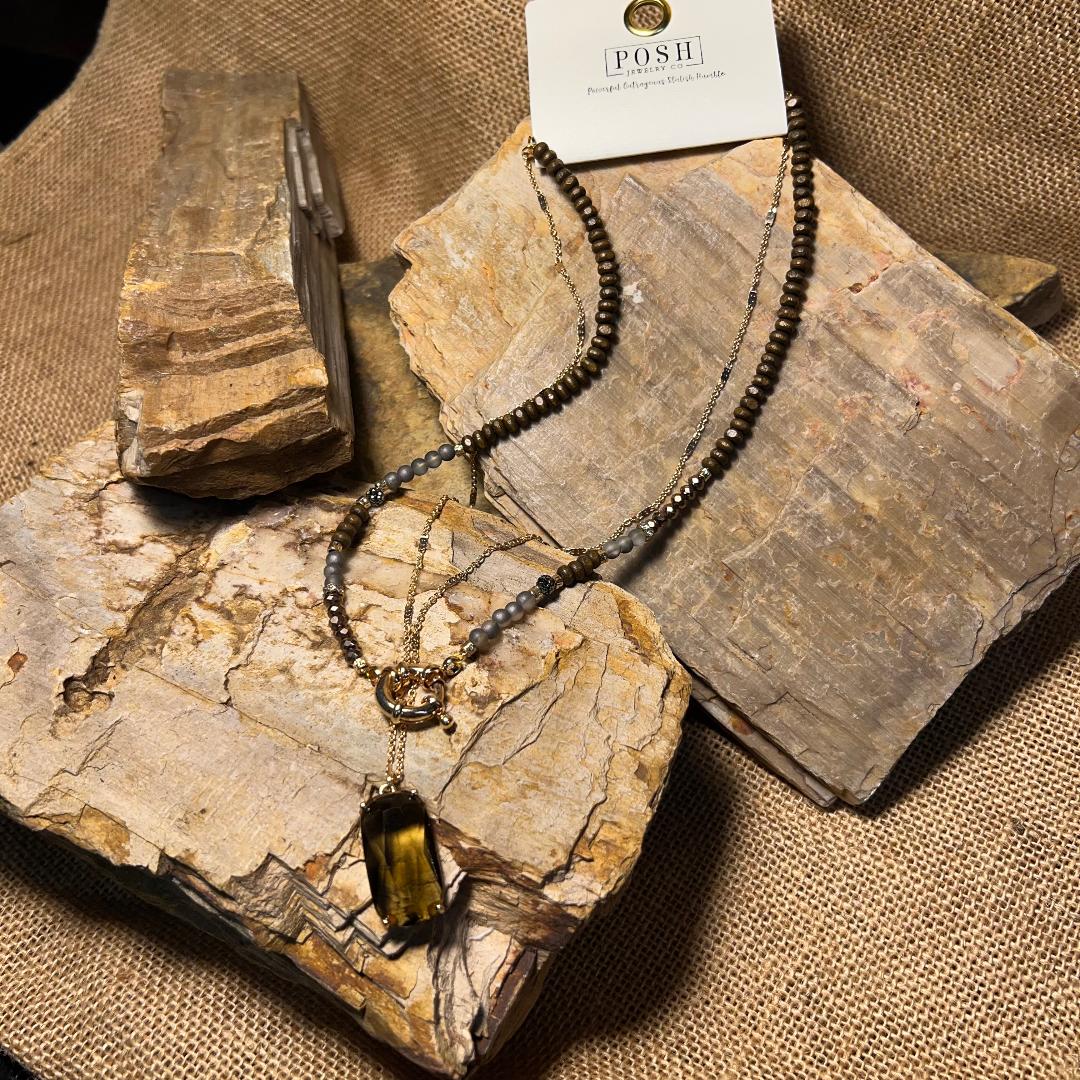 Brown, Gray & Gold Bead Multi Layered Chain Necklace