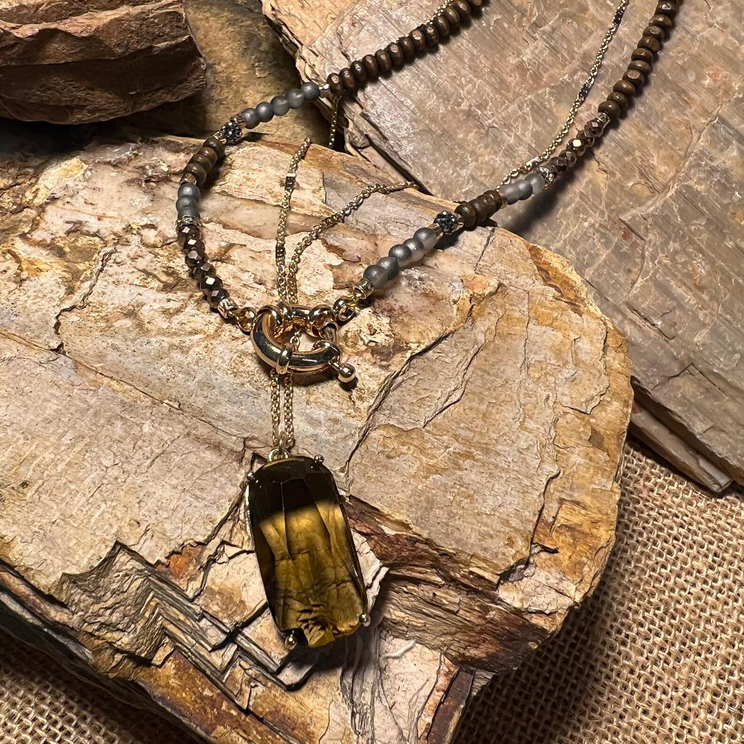 Brown, Gray & Gold Bead Multi Layered Chain Necklace
